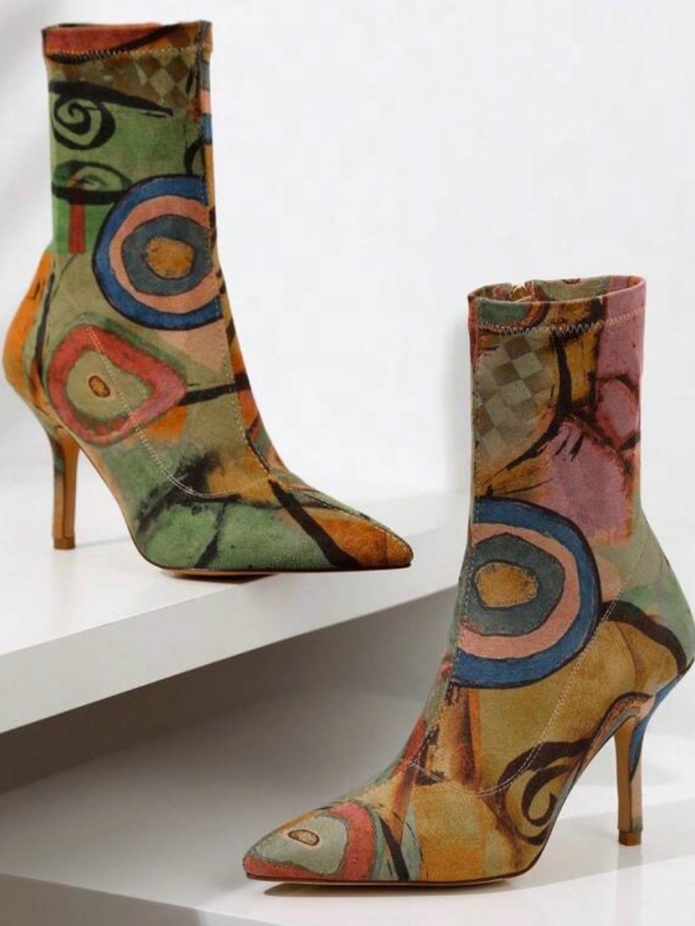 All Over Print Multicolor Abstract Pointed-Toe Stiletto Sock Bootie. - Picture 11 of 12